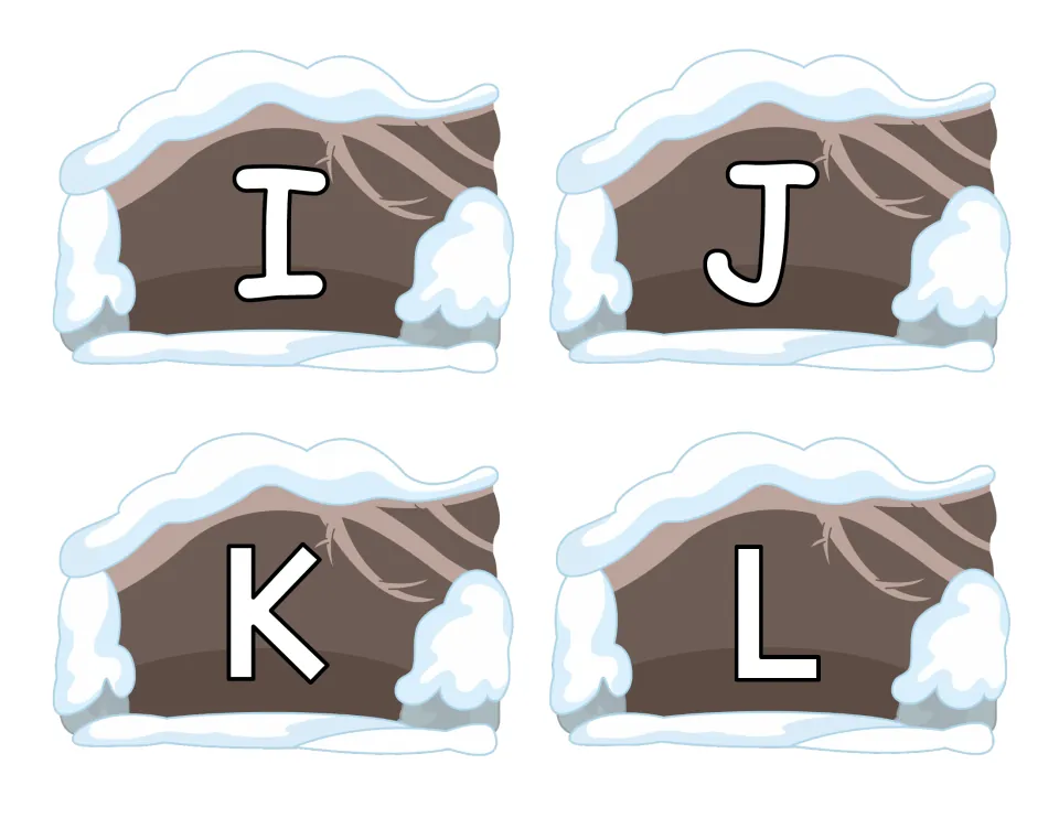 Uppercase I, J, K and L on snowy cave habitat cards for the bear and cave letter matching set