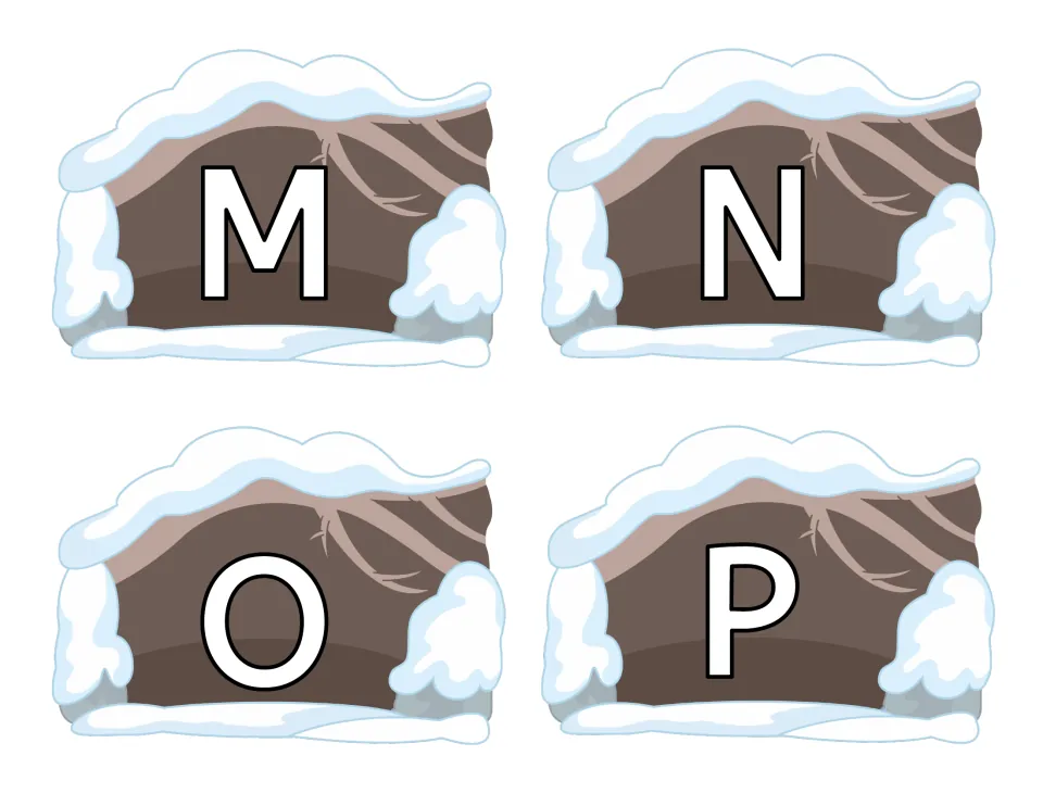 Snowy cave habitat cards showing uppercase M, N, O and P, to be matched with lowercase bears