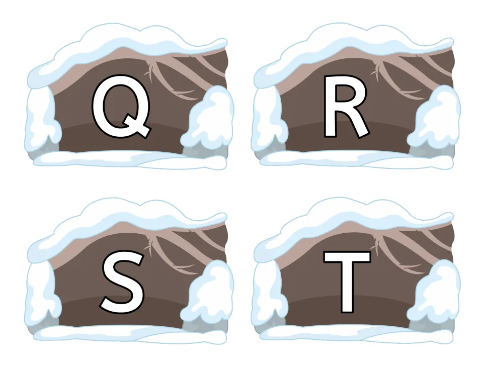 Uppercase Q, R, S and T printed on snowy cave cards in the bear and cave half of the letter match