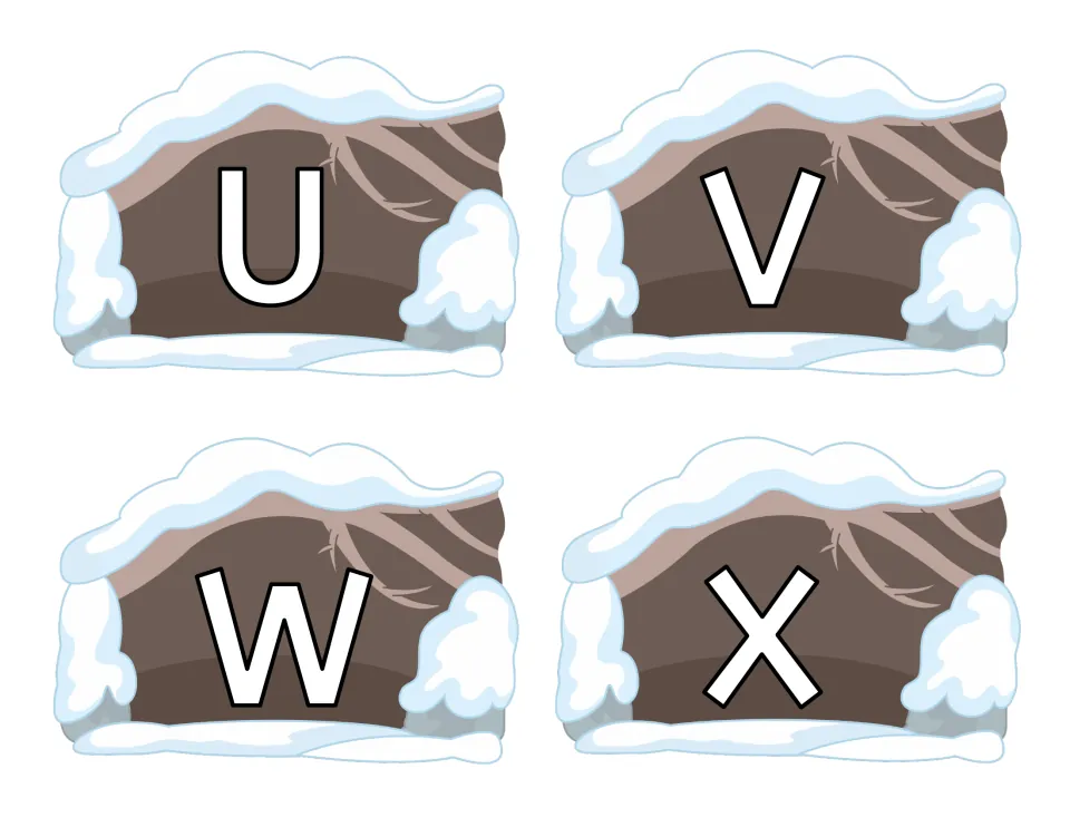 Cave cards with uppercase U, V, W and X, habitats for the sleeping bear cards with matching lowercase letters