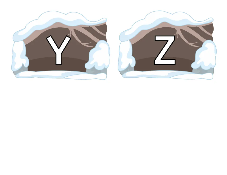 Final cave cards: uppercase Y and Z on snowy caves, completing the A–Z habitat cards for the bear set
