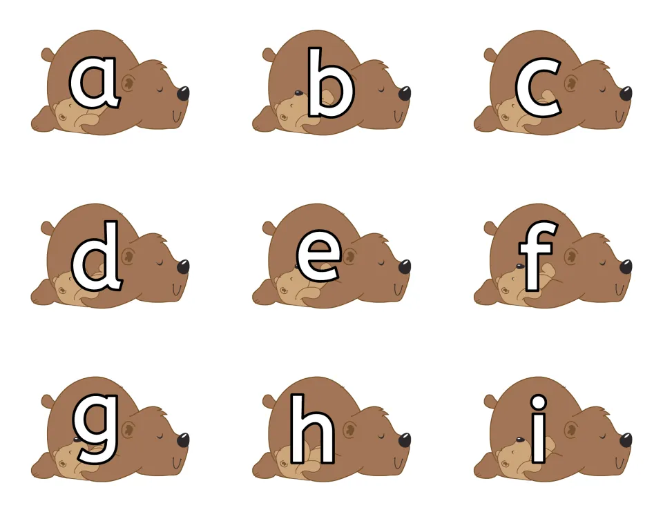Lowercase a through i on sleeping bear cards, nine per sheet, to place on the matching uppercase cave