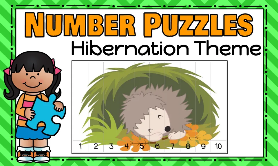 Hibernation Number Puzzles cover with a sample 1–10 strip puzzle of a hedgehog sleeping in a grassy den