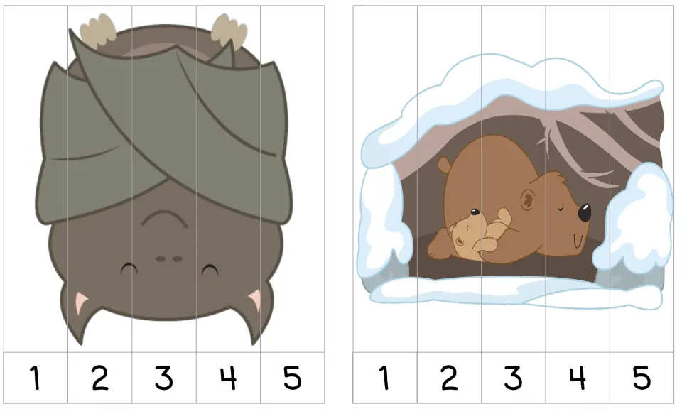 Two 5-piece number order puzzles numbered 1–5: a bat hanging upside down and a bear with cub in a snowy den