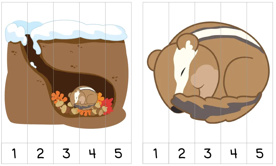 Two 1–5 number order puzzles: a chipmunk sleeping in an underground burrow and a curled-up sleeping chipmunk