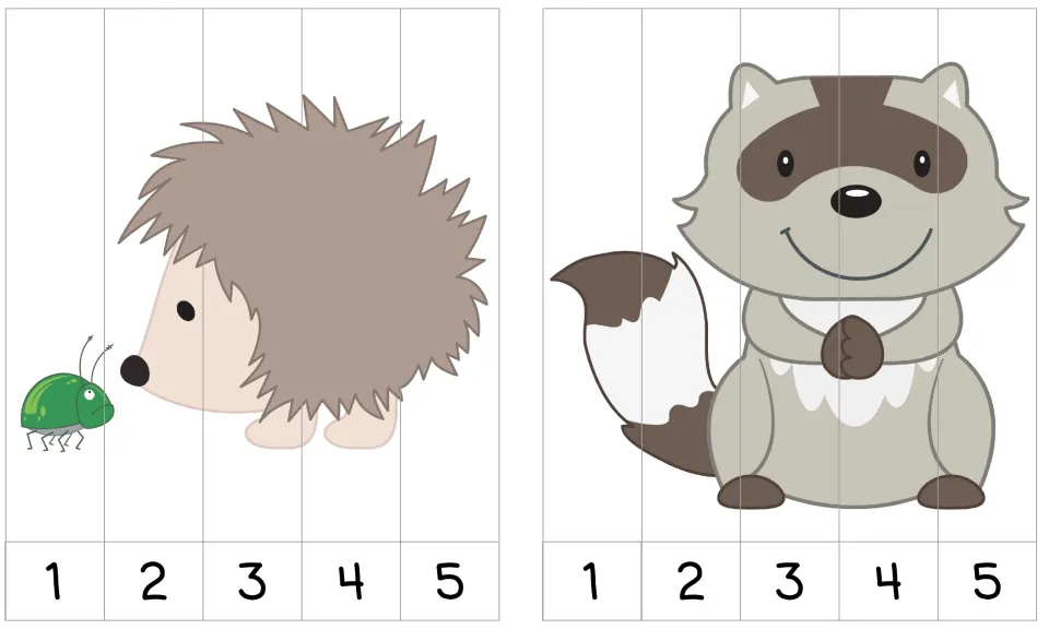 Two 1–5 number order puzzles: a hedgehog meeting a green beetle and a smiling raccoon sitting up