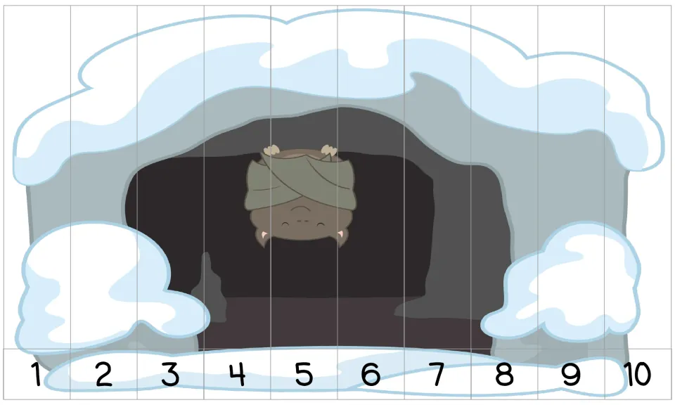 10-piece number order puzzle numbered 1–10: a bat hanging upside down inside a snowy cave