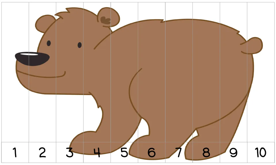 10-piece number order puzzle numbered 1–10: a brown bear walking on all fours