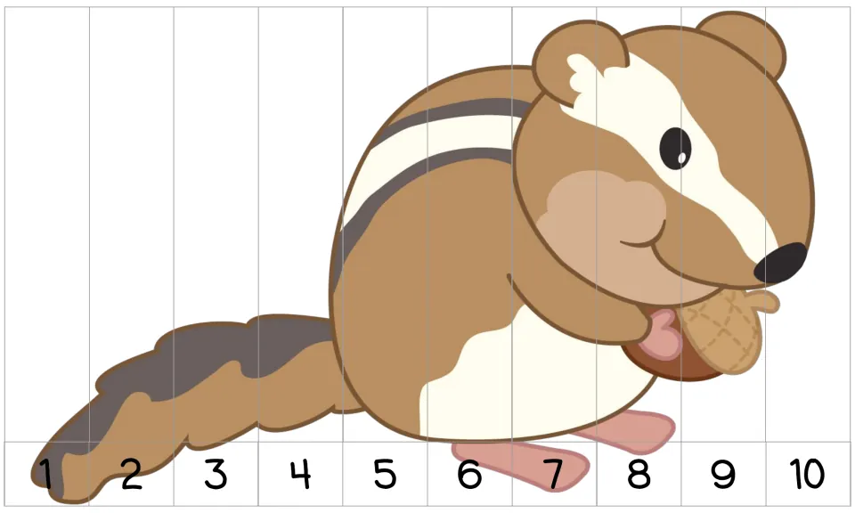 10-piece number order puzzle numbered 1–10: a chipmunk holding an acorn