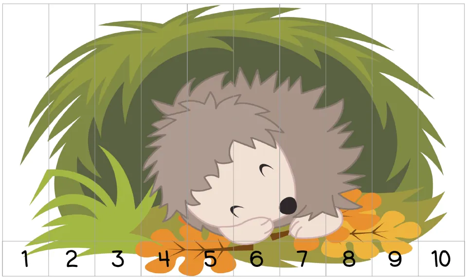 10-piece number order puzzle numbered 1–10: a hedgehog asleep in a grassy den on fall leaves