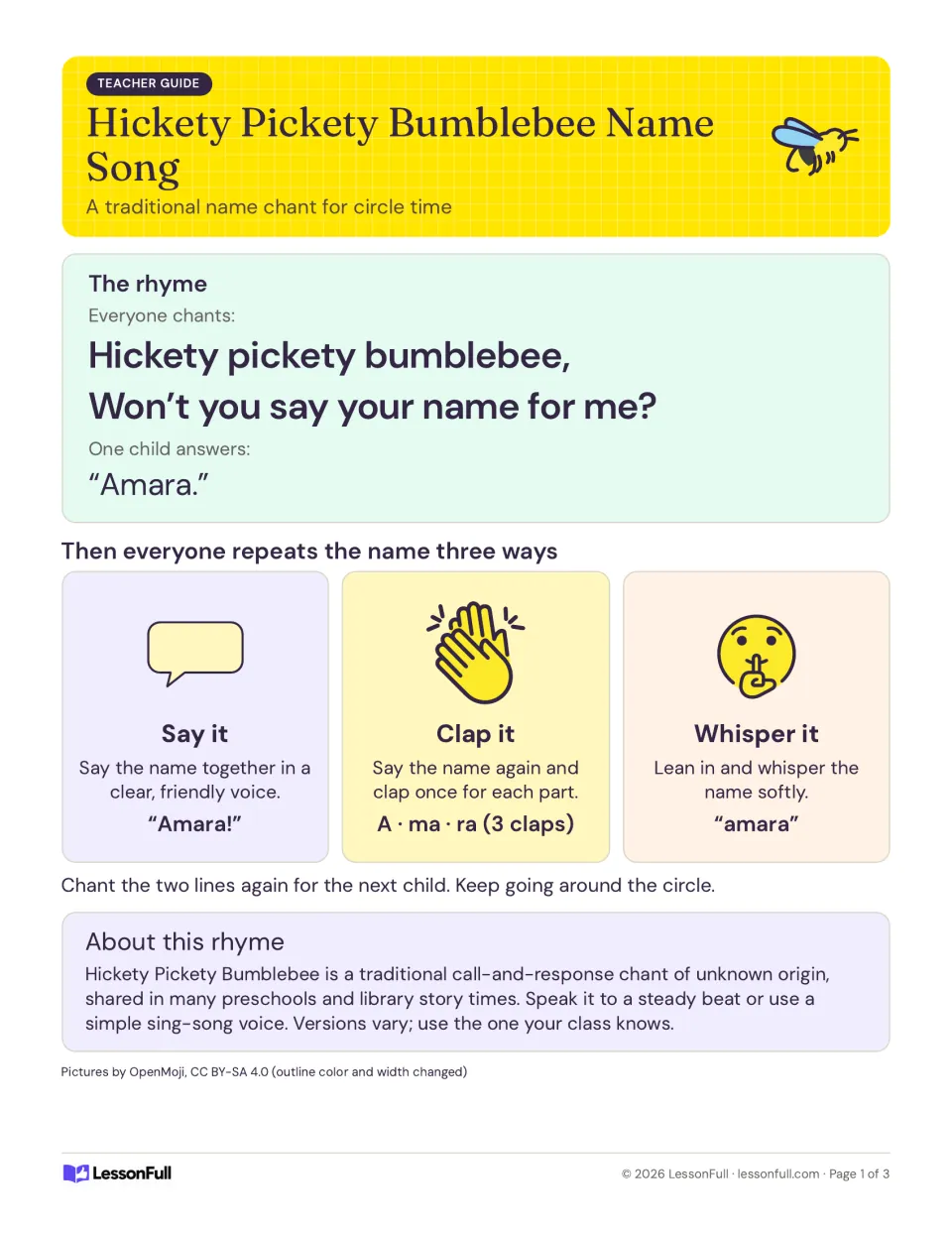 Name chant teacher guide: “Won’t you say your name for me?” followed by saying, clapping, and whispering names.