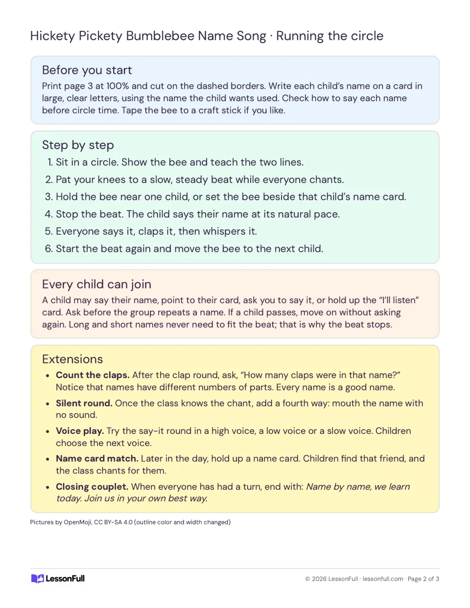 Circle-time instructions for the name chant, participation choices, and extensions including counting claps.