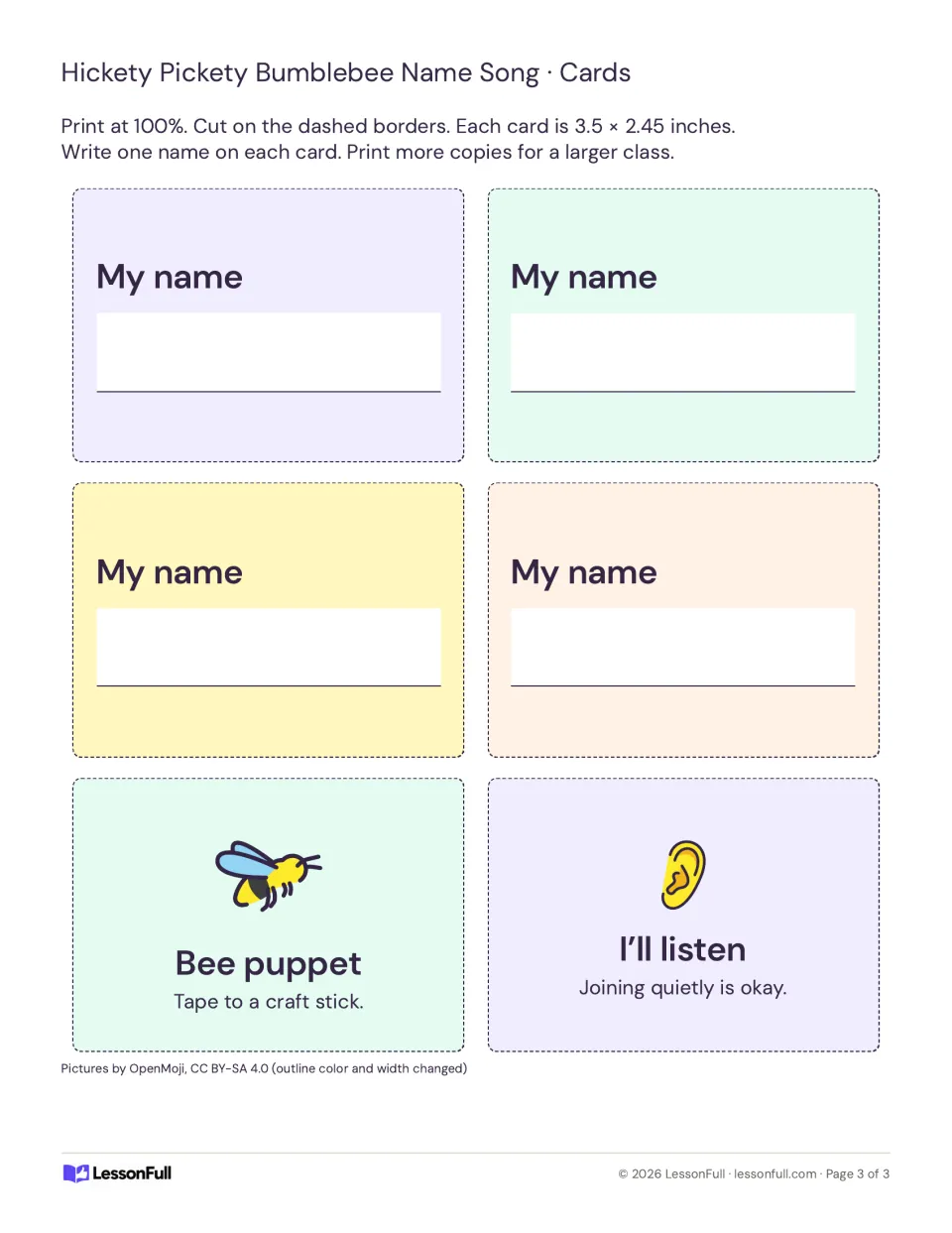 Six cutout cards for the name chant: four “My name” cards, a bee puppet card, and an “I’ll listen” card.