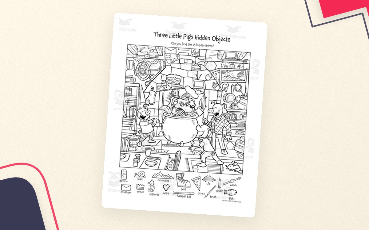 Three Little Pigs hidden-objects puzzle page.
