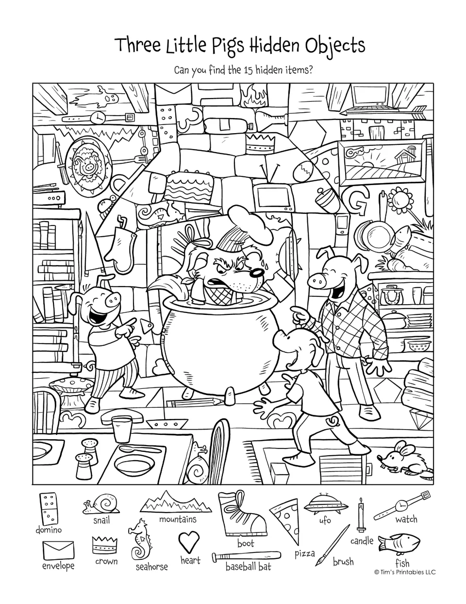 Three Little Pigs hidden objects: students find 15 items like a domino, snail and crown in a black-and-white kitchen scene