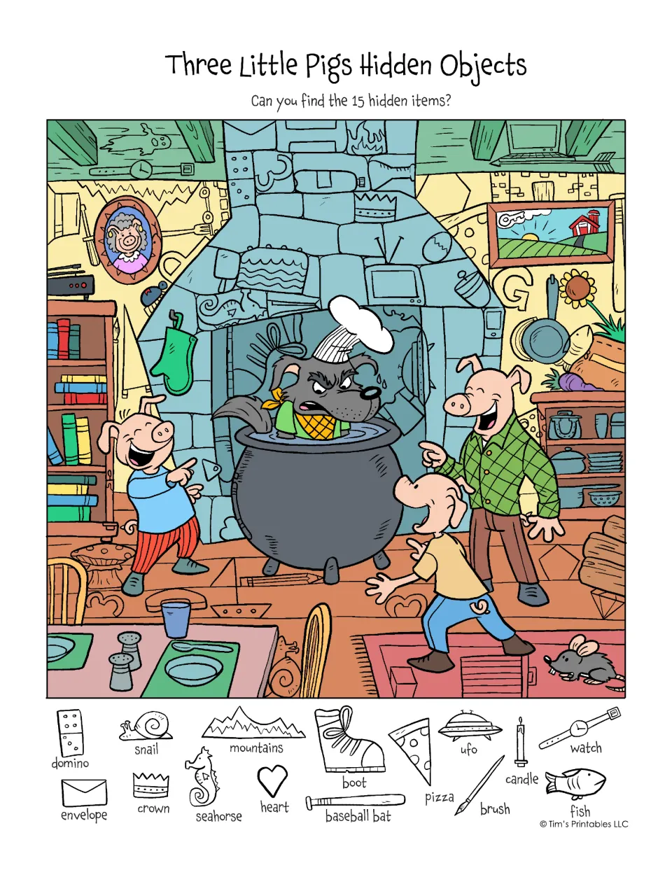 Color version of the pig kitchen puzzle: students search the scene of the wolf in a pot for the same 15 pictured items