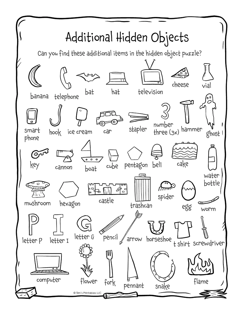 Additional hidden objects list: students search the same puzzle for extra items like a banana, key, letters P, I and G