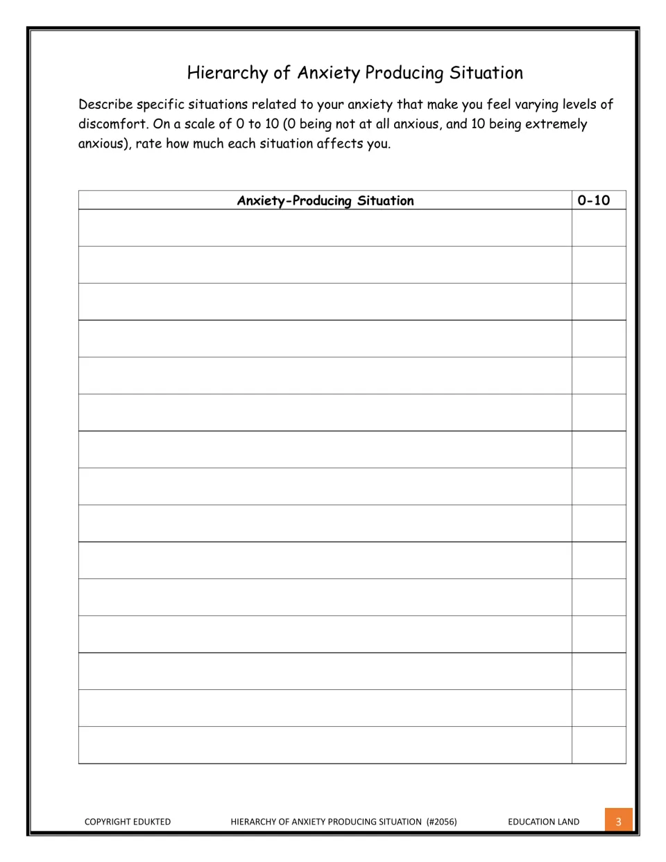 Anxiety hierarchy: learners describe situations that cause discomfort and rate each from 0 (not anxious) to 10 (extremely)