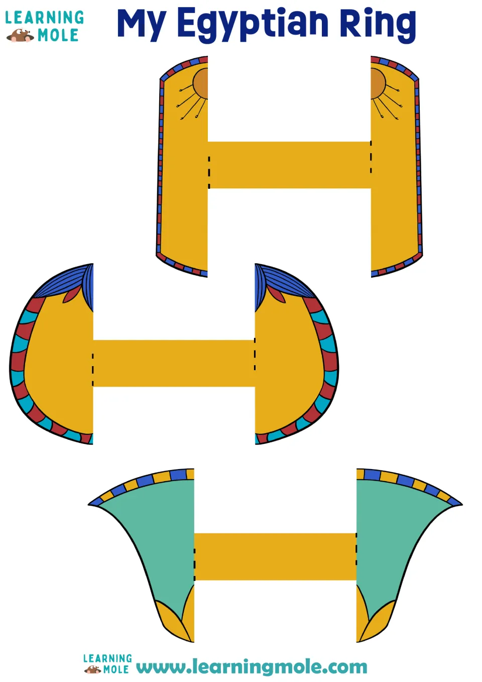 Egyptian ring craft: students pick one of three colorful ancient Egyptian-style ring templates to cut out and wear