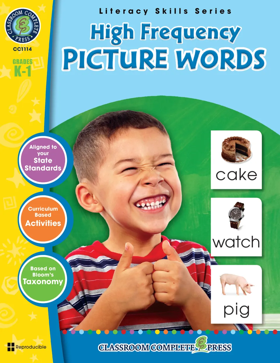 High Frequency Picture Words cover: a grinning boy giving a thumbs up beside photo word cards for cake, watch and pig