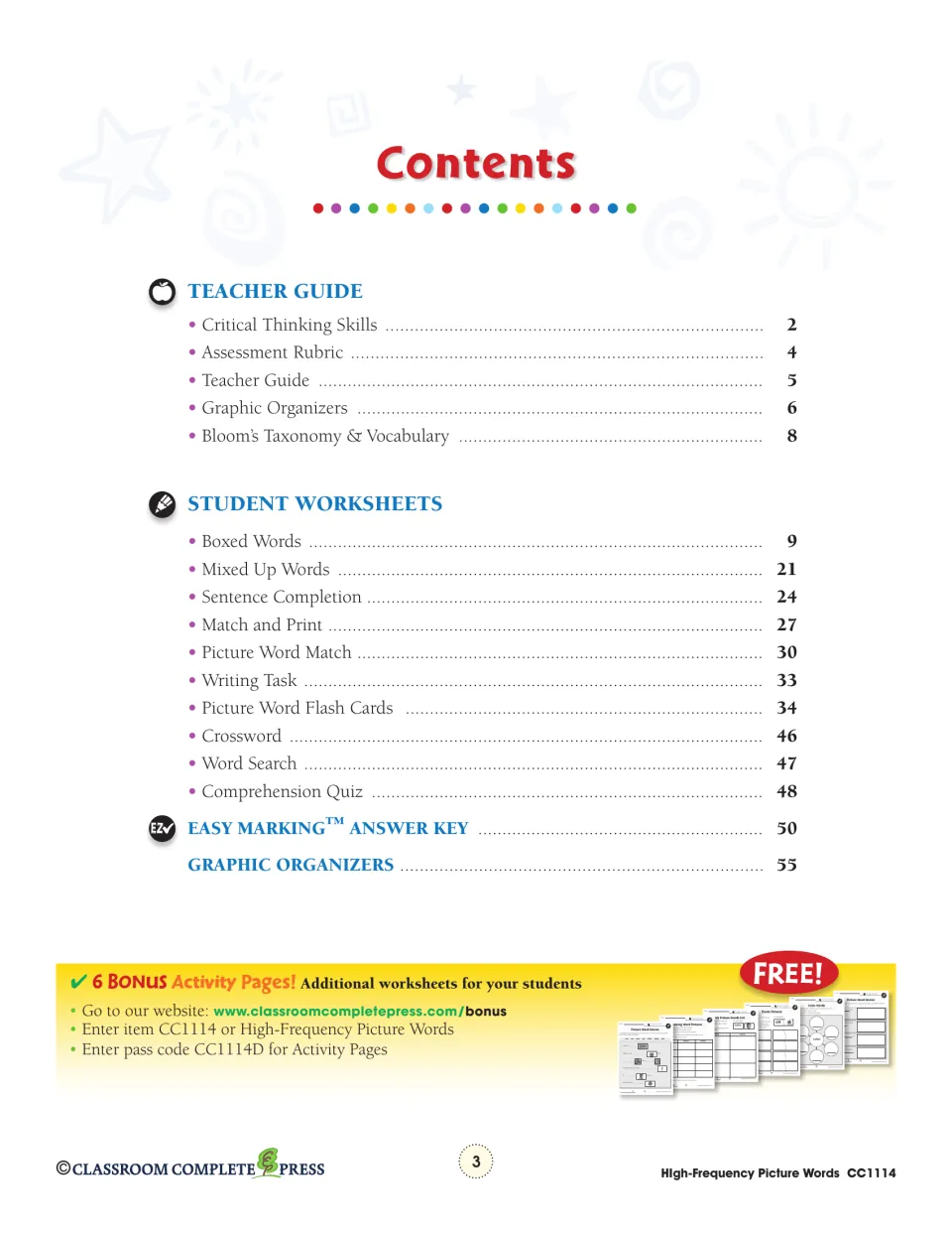 Contents listing teacher guide sections, student worksheets from boxed words to a quiz, the answer key and organizers