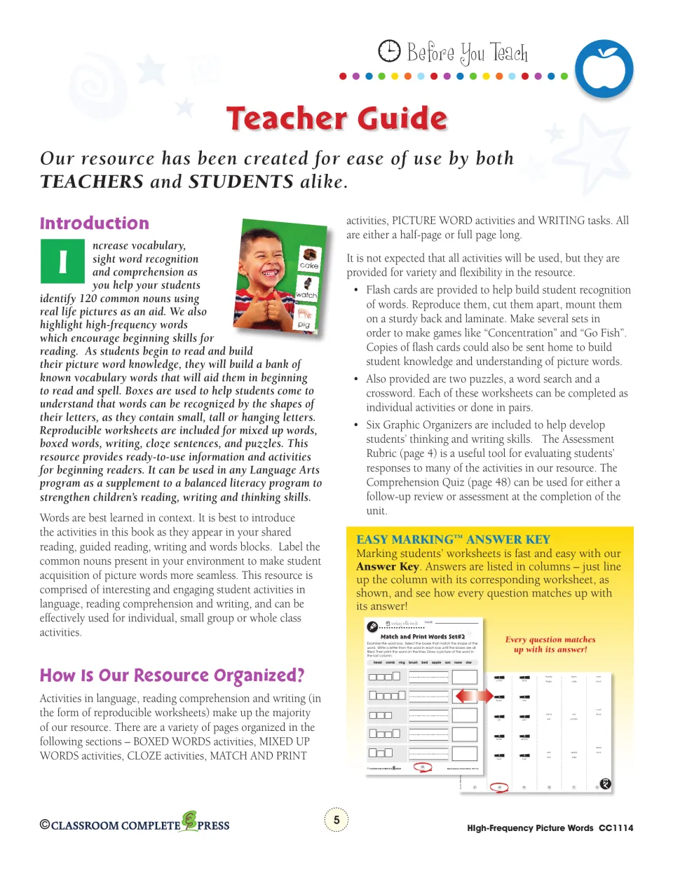 Teacher guide introducing 120 common nouns with real pictures, how the activities are organized and using the answer key