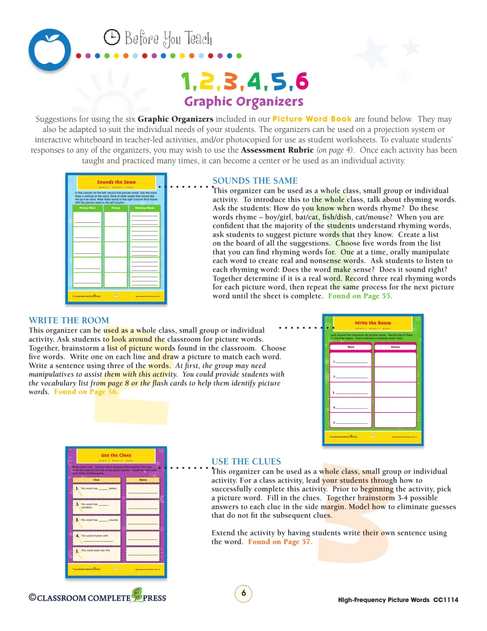 Graphic organizer guide for Sounds the Same rhyming, Write the Room word hunting and Use the Clues word guessing