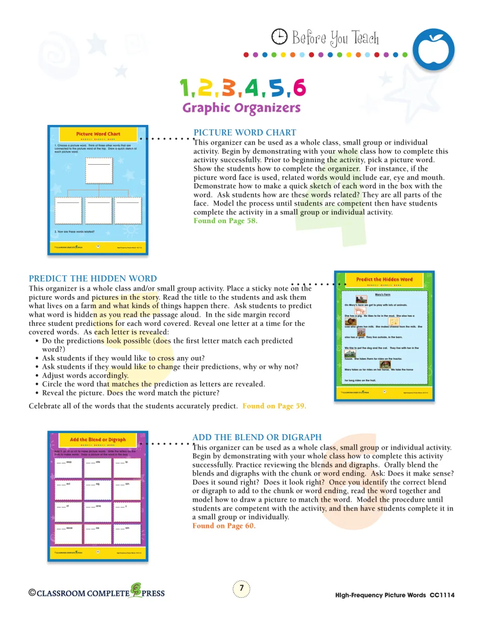 Graphic organizer guide for Picture Word Chart, Predict the Hidden Word farm story and Add the Blend or Digraph