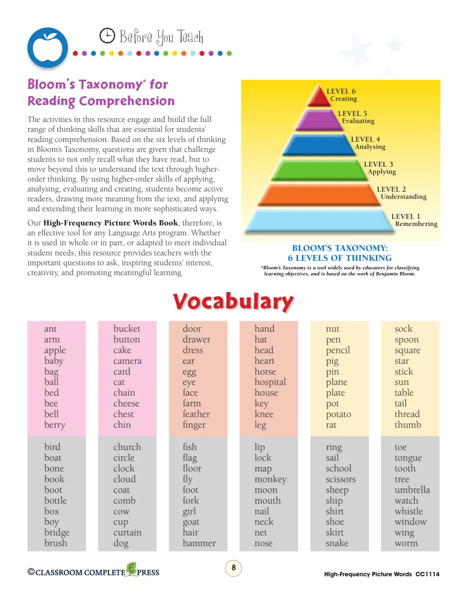 Bloom's taxonomy pyramid of six thinking levels above an alphabetical vocabulary list of picture words from ant to worm