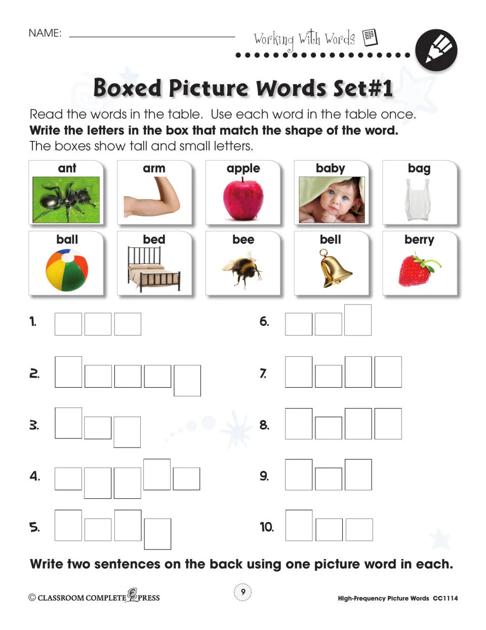 Boxed words set 1: students write ant, arm, apple, baby, bag, ball, bed, bee, bell and berry in boxes matching word shapes