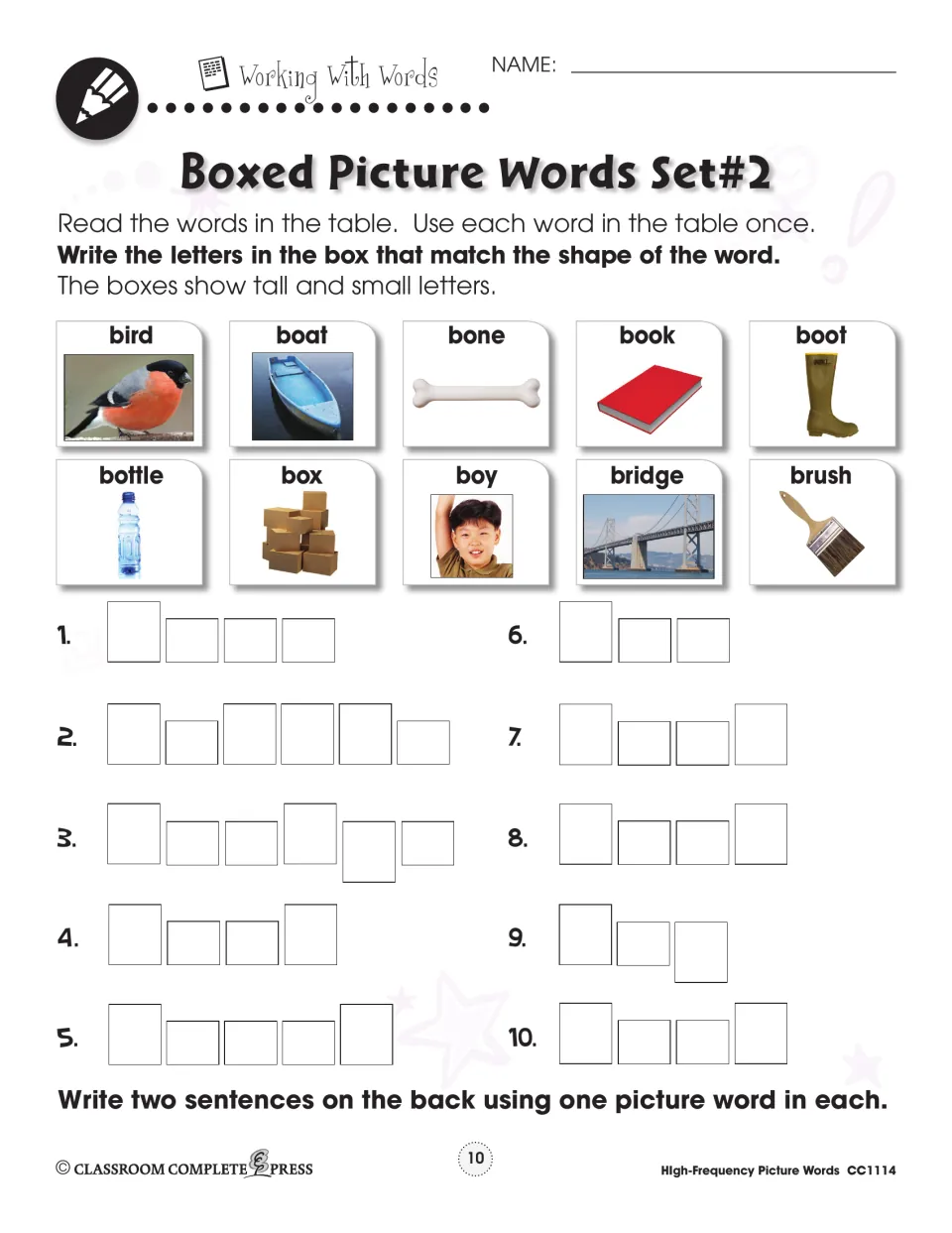 Boxed words set 2: students fit bird, boat, bone, book, boot, bottle, box, boy, bridge and brush into letter-shape boxes