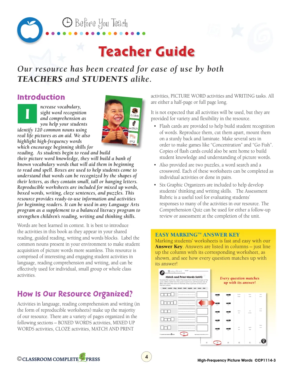 Teacher guide introducing 120 common nouns, flash cards, puzzles, graphic organizers and how the column answer key lines up