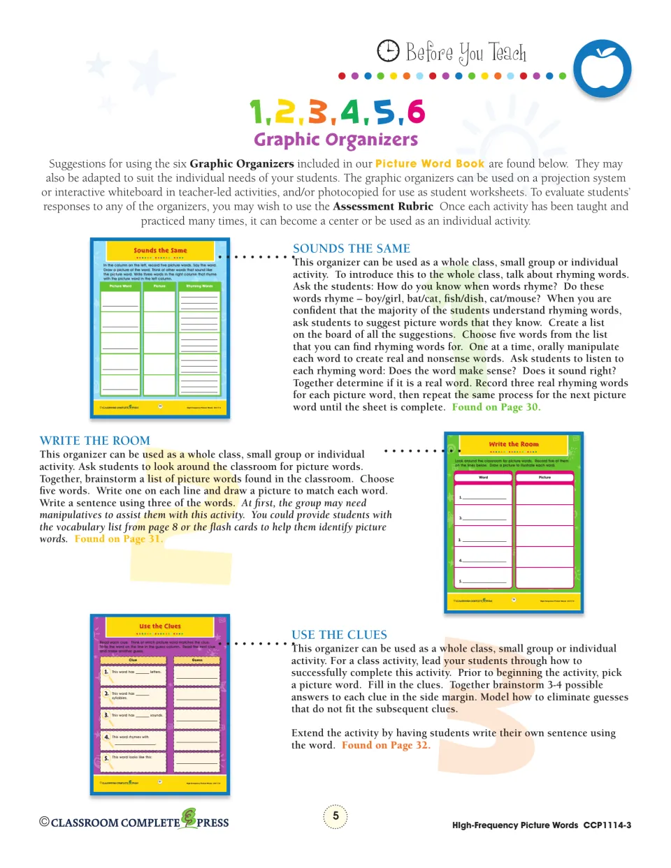 Graphic organizer teaching notes for Sounds the Same rhyming, Write the Room and Use the Clues, each with a thumbnail