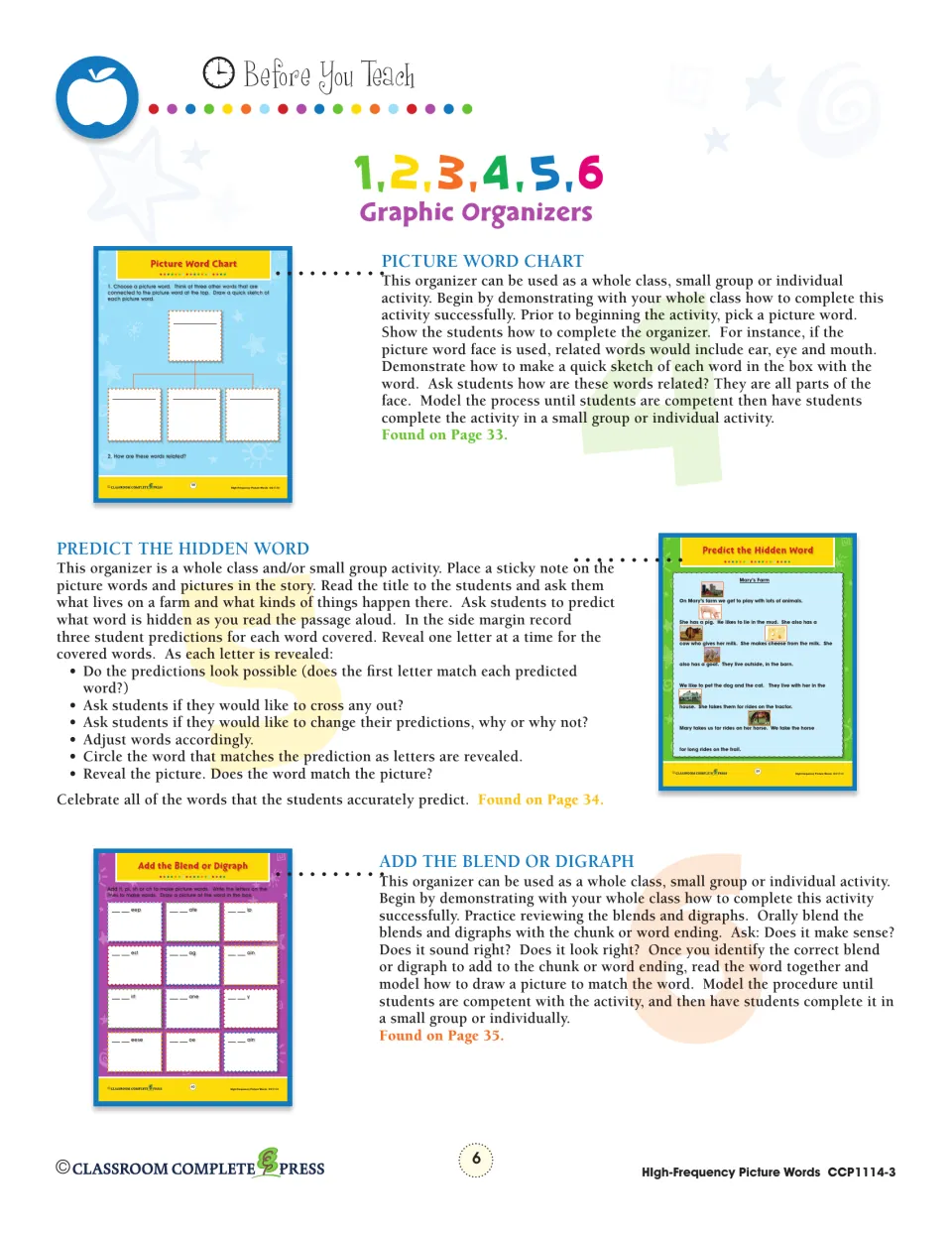 Graphic organizer teaching notes for Picture Word Chart, Predict the Hidden Word farm story and Add the Blend or Digraph