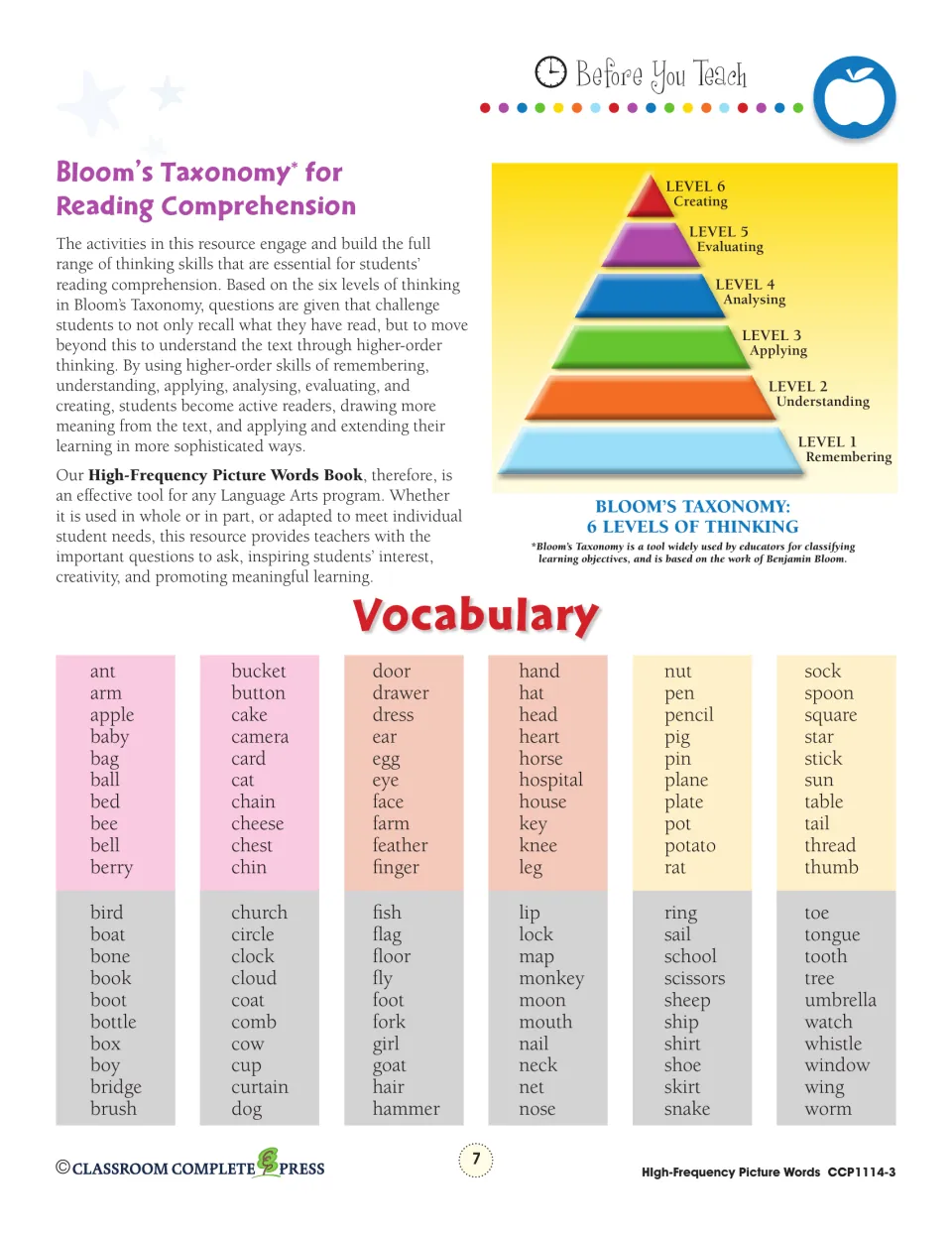 Bloom's Taxonomy six-level pyramid for reading comprehension, plus a vocabulary list of 120 picture nouns from ant to worm