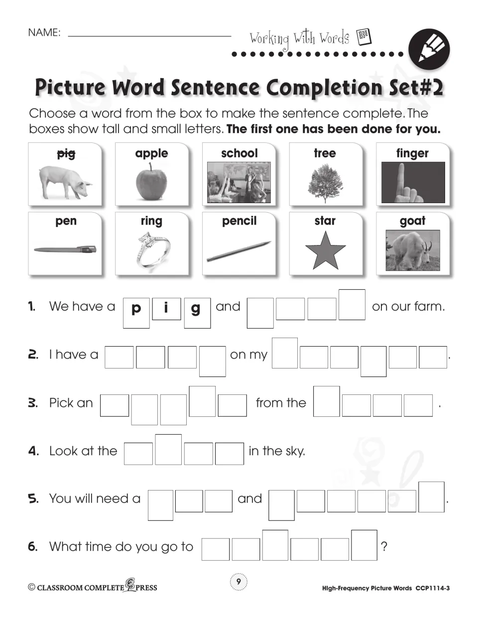 Sentence completion Set 2: students choose pig, apple, school, tree, star or pencil to fill six sentences in shape boxes