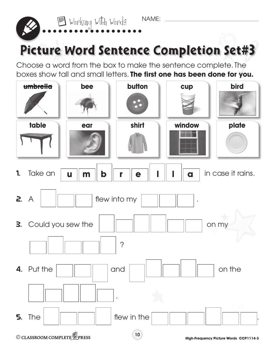 Sentence completion Set 3: students fill five sentences with umbrella, bee, button, shirt, window and other picture words