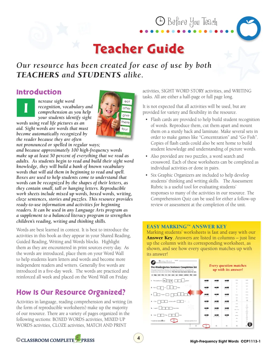 Teacher guide: sight words taught by letter shape, how the activities are organized, and how the answer key lines up