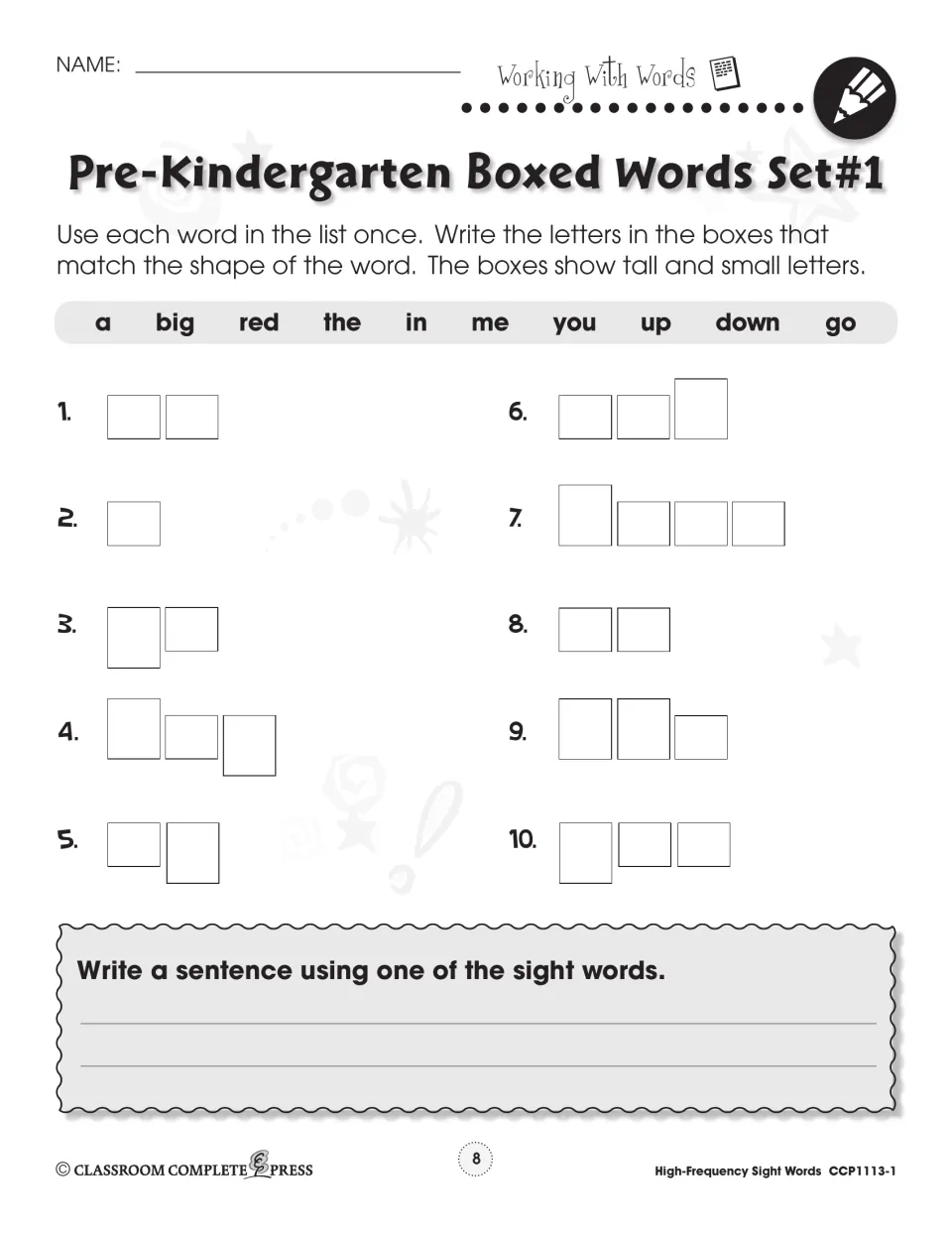 Pre-K boxed words set 1: students fit a, big, red, the, in, me, you, up, down and go into tall and small letter shapes