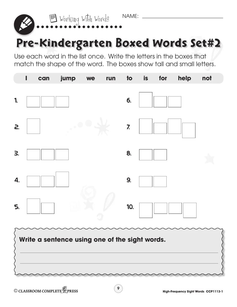 Pre-K boxed words set 2: students match I, can, jump, we, run, to, is, for, help and not to word shapes, plus a sentence