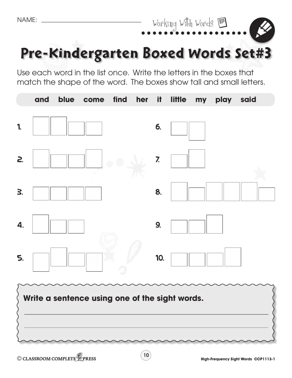 Pre-K boxed words set 3: students place and, blue, come, find, her, it, little, my, play and said by letter height