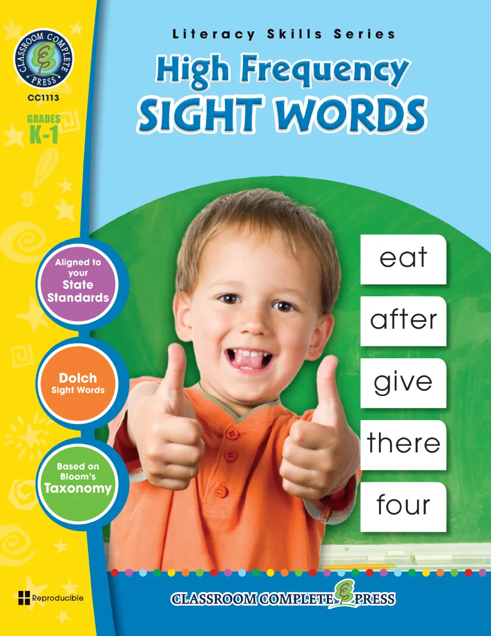 High Frequency Sight Words cover: a smiling boy giving thumbs up beside word cards eat, after, give, there, four