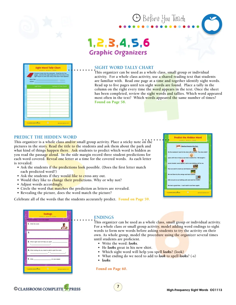 Teacher notes for graphic organizers 4–6: Sight Word Tally Chart, Predict the Hidden Word and Endings