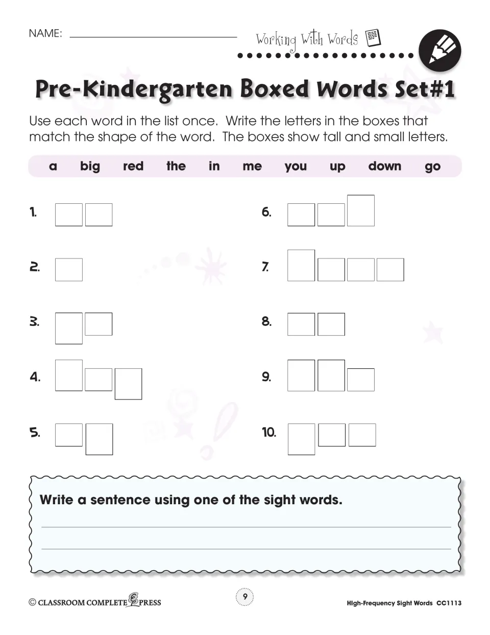Pre-K Boxed Words Set #1: write a, big, red, the, in, me and 4 more in letter-shape boxes, plus a sentence