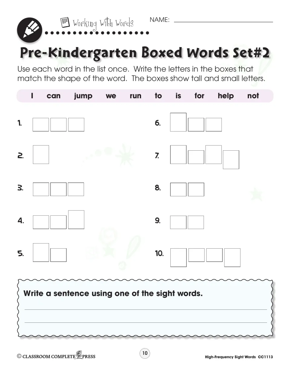 Pre-K Boxed Words Set #2: write I, can, jump, we, run, to and 4 more in letter-shape boxes, plus a sentence
