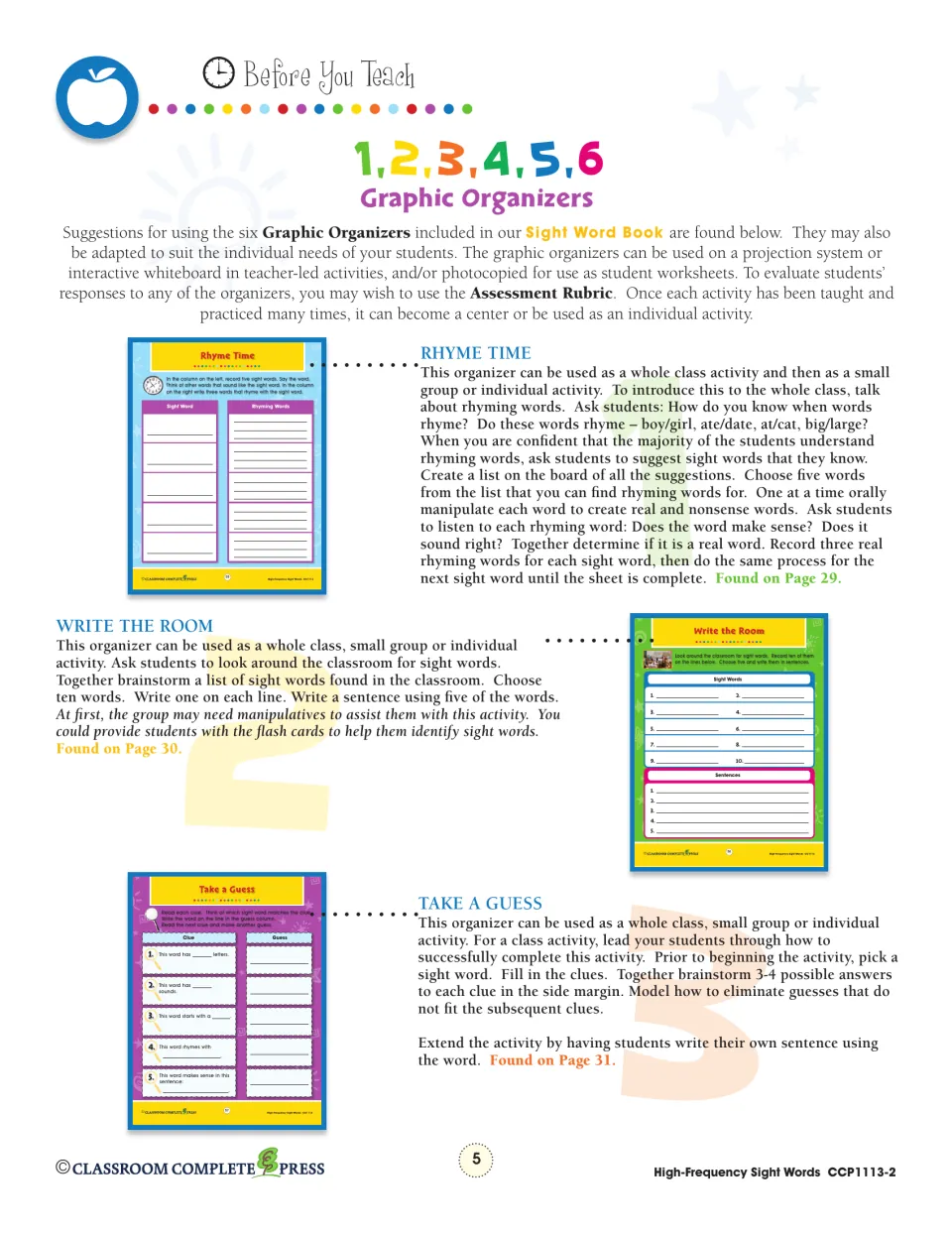 Graphic organizer teaching notes for Rhyme Time, Write the Room and Take a Guess, each shown with a small sample sheet