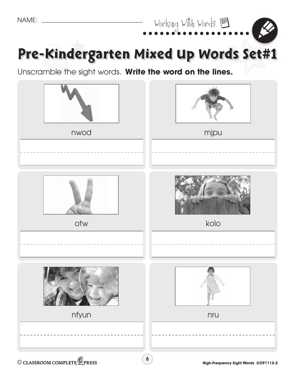 Pre-Kindergarten Mixed Up Words Set 1: students unscramble nwod, mjpu, otw, kolo, nfyun and nru using photo clues