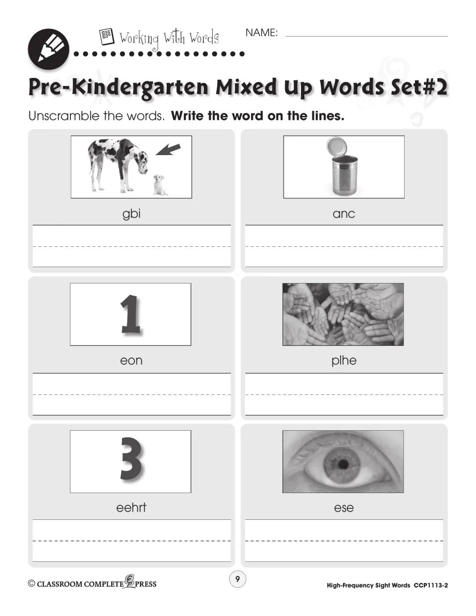 Pre-Kindergarten Mixed Up Words Set 2: students unscramble gbi, anc, eon, plhe, eehrt and ese with photo hints