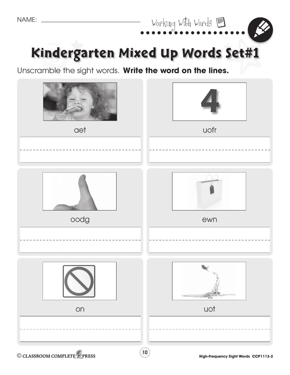 Kindergarten Mixed Up Words Set 1: students unscramble aet, uofr, oodg, ewn, on and uot, writing each word under a photo