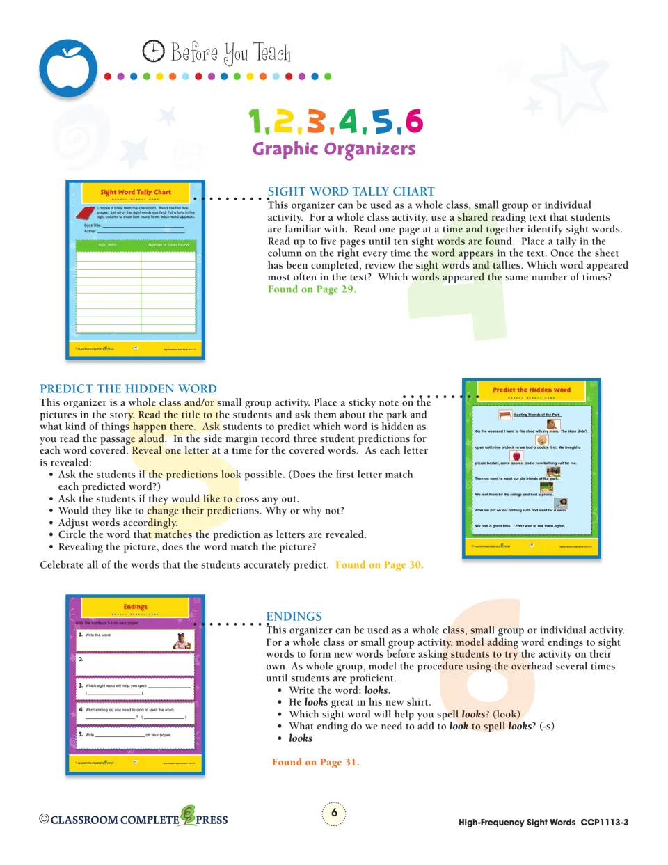 Graphic organizer notes for Sight Word Tally Chart, Predict the Hidden Word and Endings, with modeled steps and thumbnails